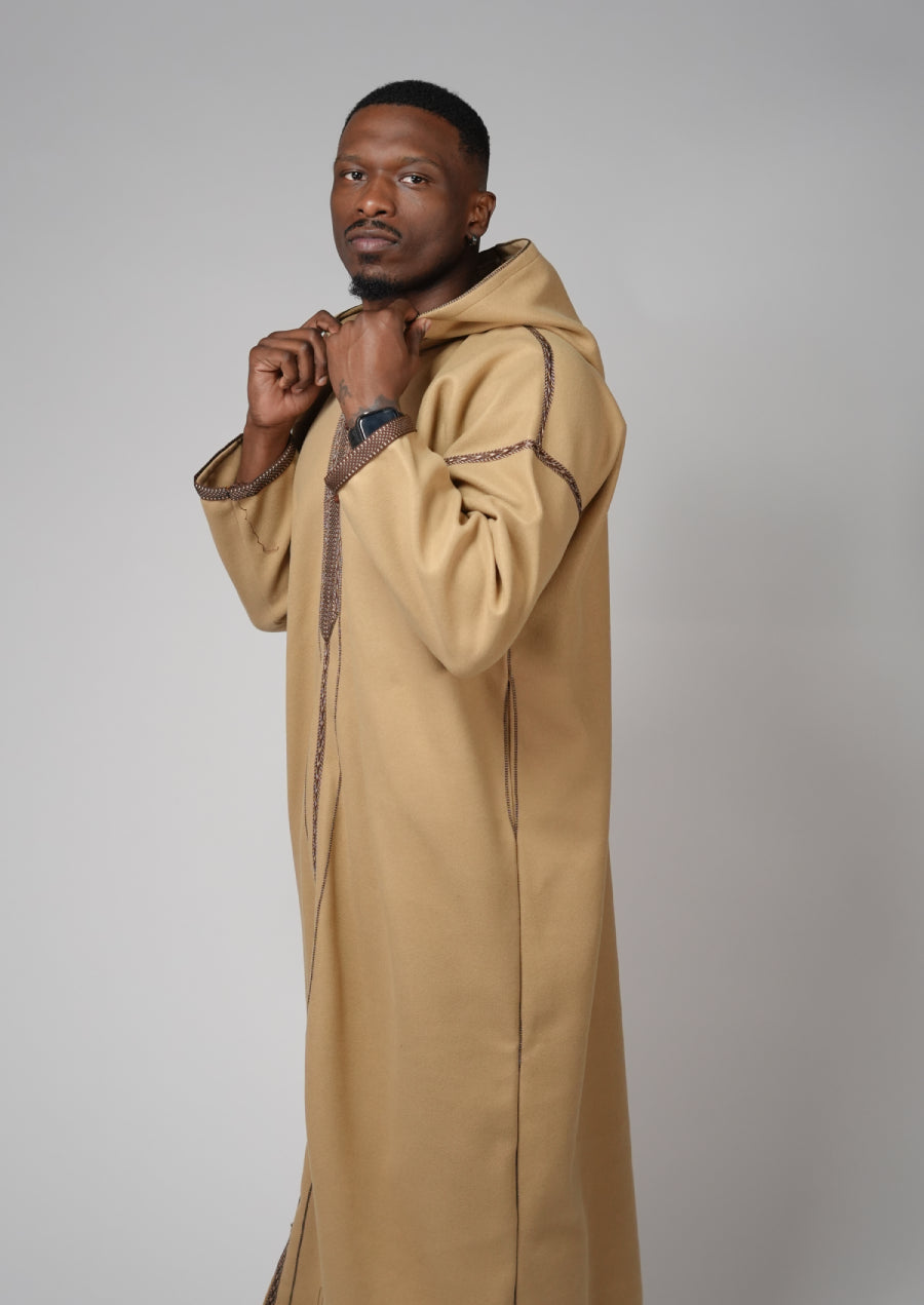 Moroccan Hooded Djellaba – Sand Beige with Brown Embroidery