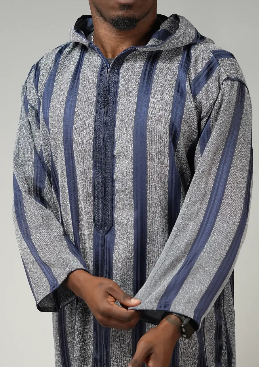 Grey & Navy Striped Moroccan Djellaba – Hooded Traditional Men’s Wear