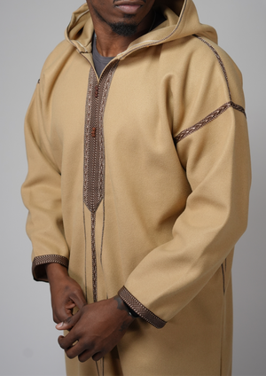 Moroccan Hooded Djellaba – Sand Beige with Brown Embroidery
