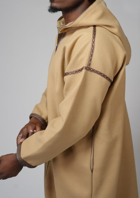 Moroccan Hooded Djellaba – Sand Beige with Brown Embroidery