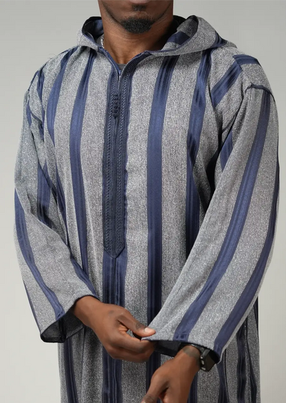 Grey & Navy Striped Moroccan Djellaba – Hooded Traditional Men’s Wear