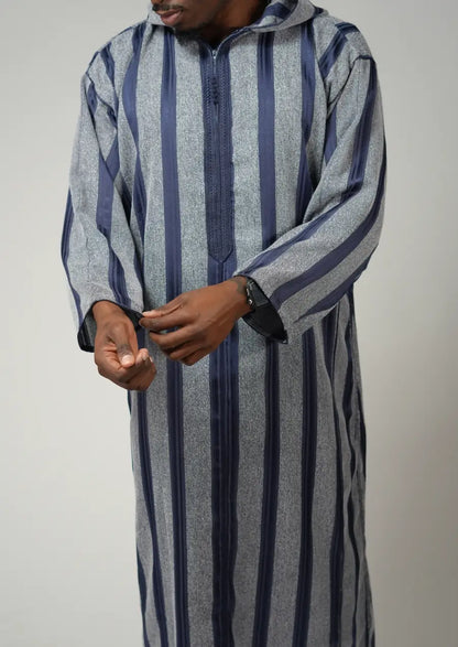 Grey & Navy Striped Moroccan Djellaba – Hooded Traditional Men’s Wear