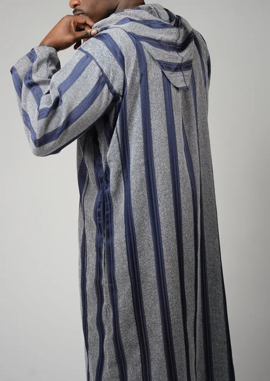 Grey & Navy Striped Moroccan Djellaba – Hooded Traditional Men’s Wear