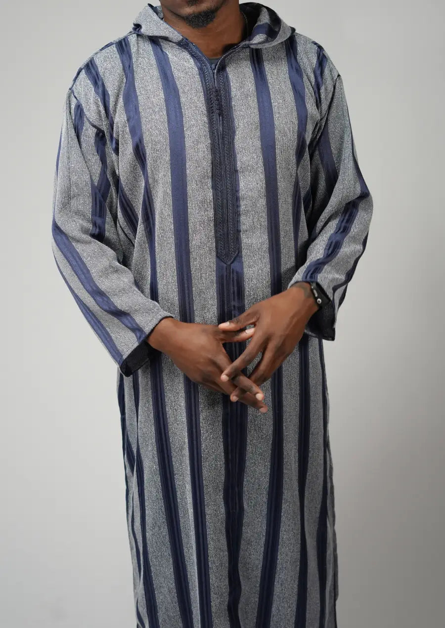 Grey & Navy Striped Moroccan Djellaba – Hooded Traditional Men’s Wear