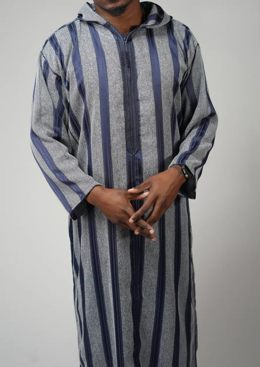 Grey & Navy Striped Moroccan Djellaba – Hooded Traditional Men’s Wear