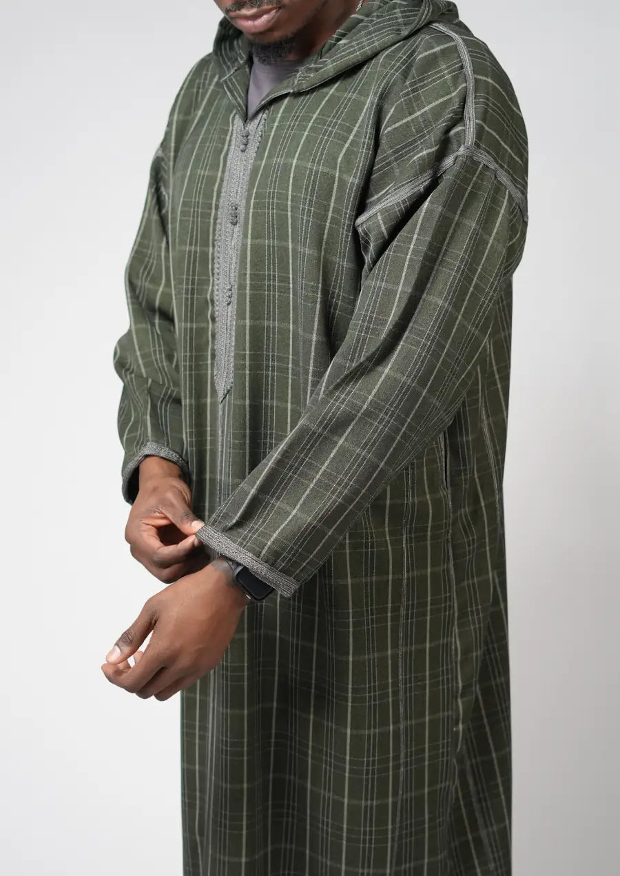 Olive Checkered Moroccan Djellaba – Hooded Traditional Men’s Wear