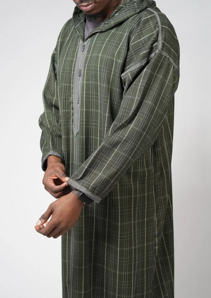Olive Checkered Moroccan Djellaba – Hooded Traditional Men’s Wear