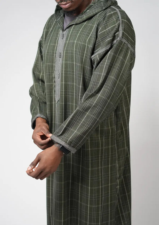 Olive Checkered Moroccan Djellaba – Hooded Traditional Men’s Wear