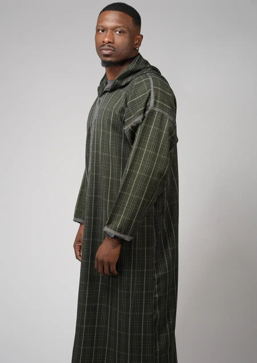 Olive Checkered Moroccan Djellaba – Hooded Traditional Men’s Wear