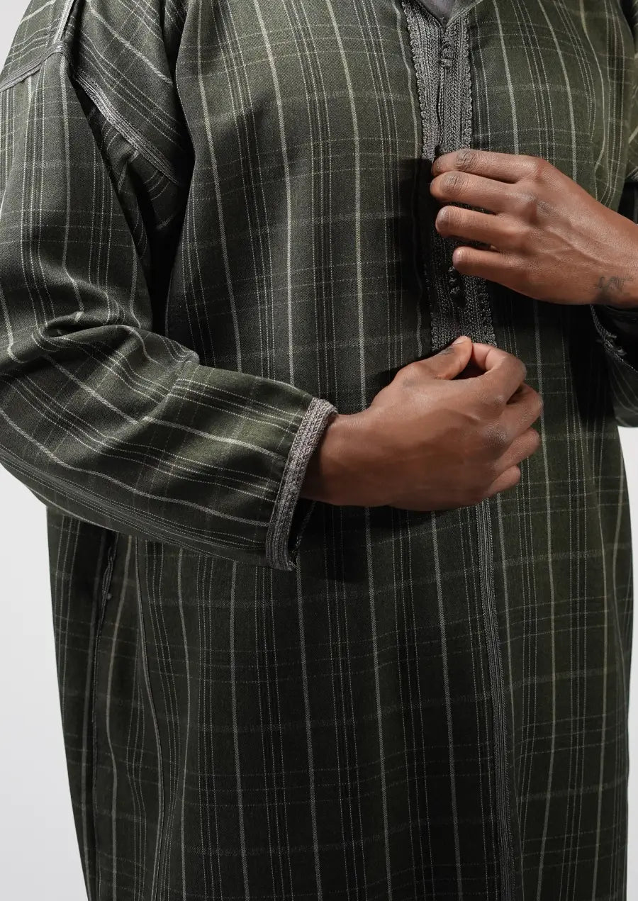 Olive Checkered Moroccan Djellaba – Hooded Traditional Men’s Wear