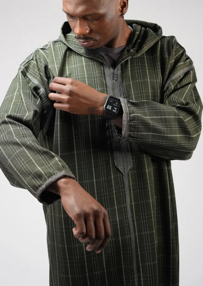 Olive Checkered Moroccan Djellaba – Hooded Traditional Men’s Wear