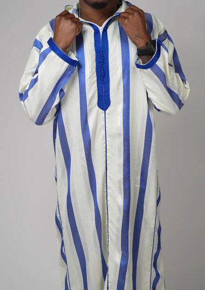 White & Royal Blue Striped Moroccan Djellaba – Hooded Traditional Men’s Wear