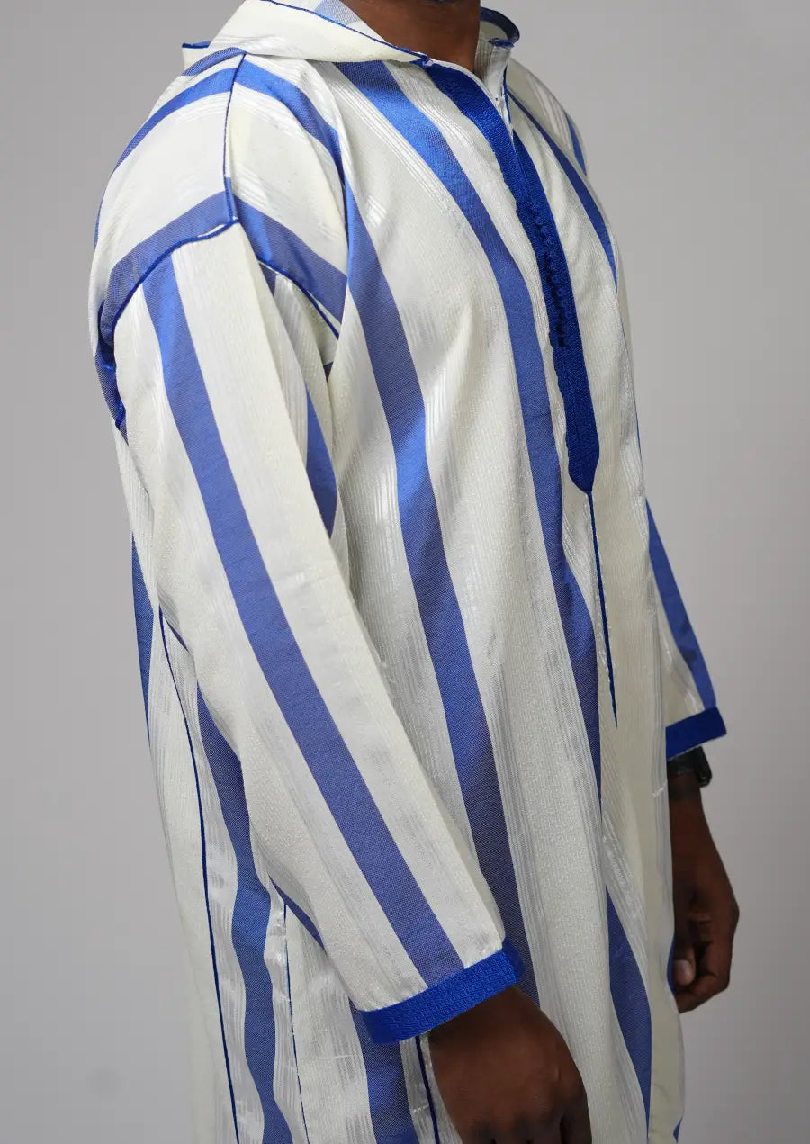 White & Royal Blue Striped Moroccan Djellaba – Hooded Traditional Men’s Wear