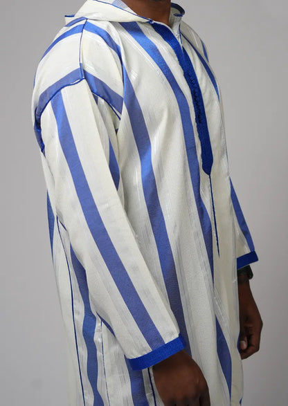 White & Royal Blue Striped Moroccan Djellaba – Hooded Traditional Men’s Wear
