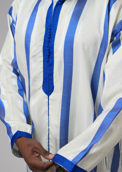 White & Royal Blue Striped Moroccan Djellaba – Hooded Traditional Men’s Wear