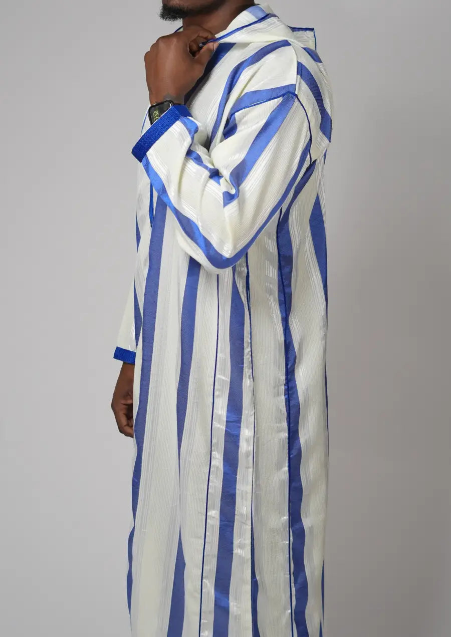 White & Royal Blue Striped Moroccan Djellaba – Hooded Traditional Men’s Wear